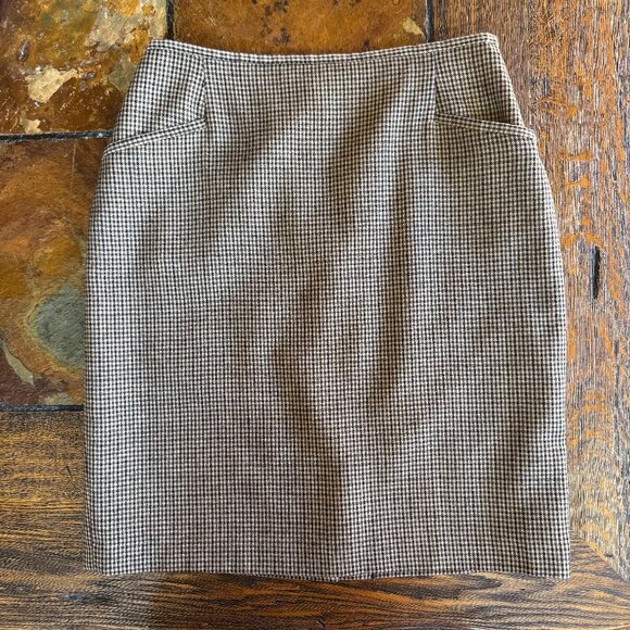 Vintage Cristian Tripani Black / Brown / Tan Houndstooth A-Line Skirt, Size 12 - Picture 1 of 6
